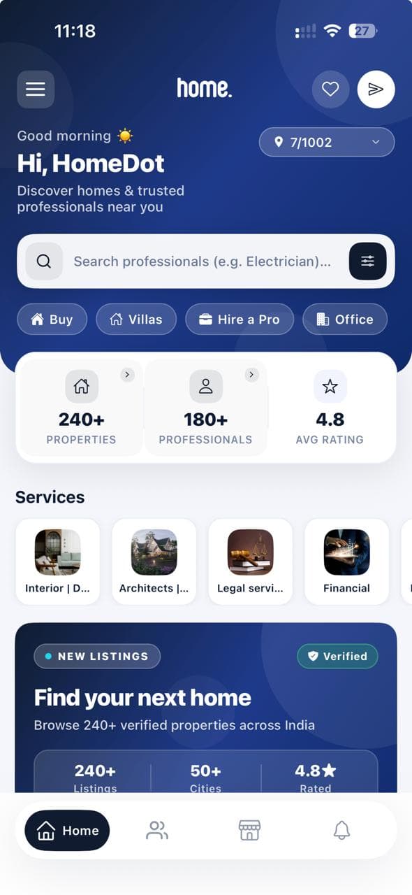 HomeDot mobile app home screen