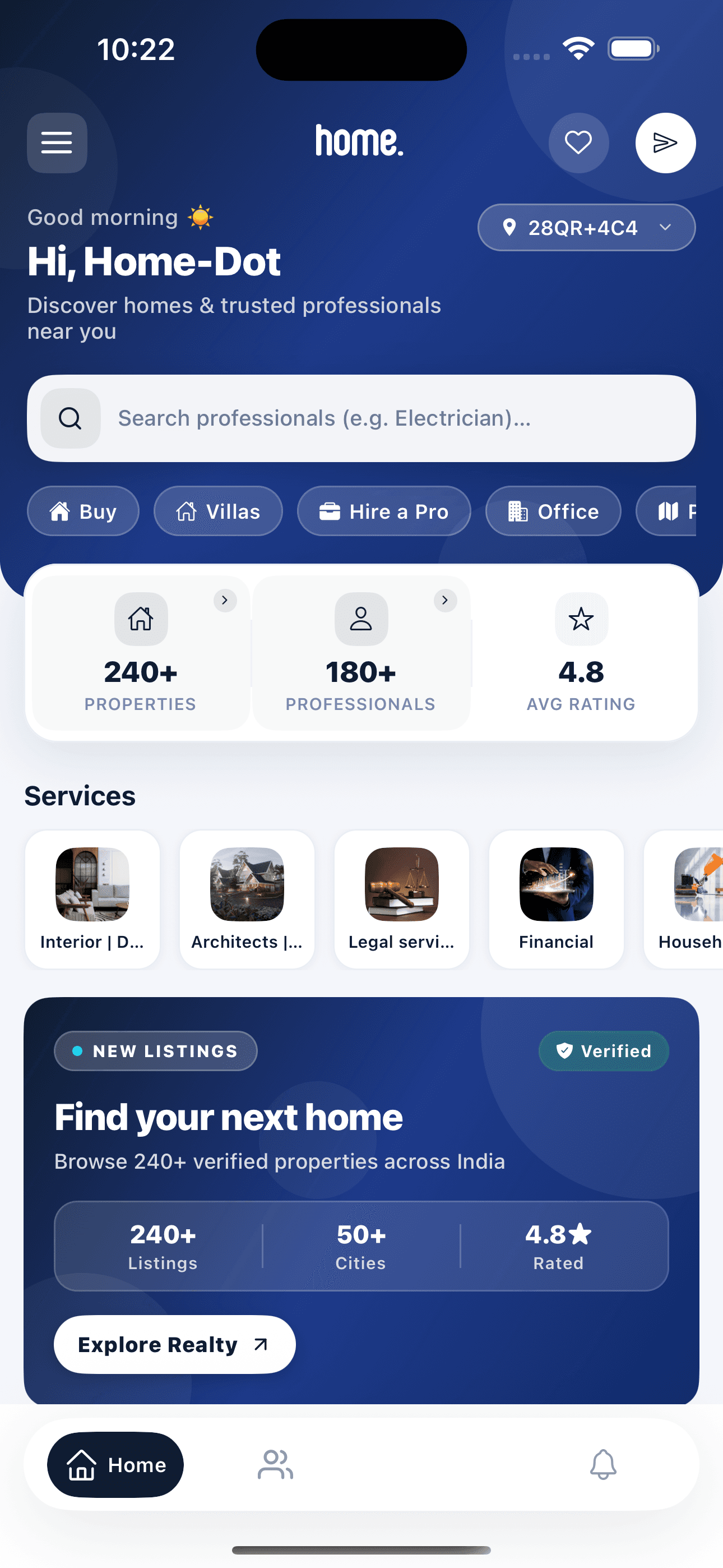 HomeDot mobile app home screen